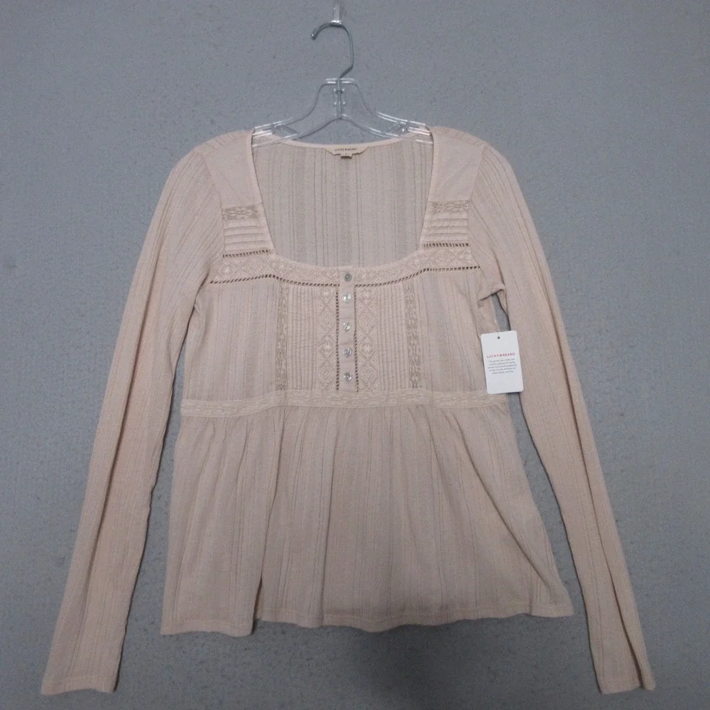 Lucky Brand Top M Peasant Babydoll Lace Square Neck Neutral Cottage CoreNWT - Picture 3 of 10